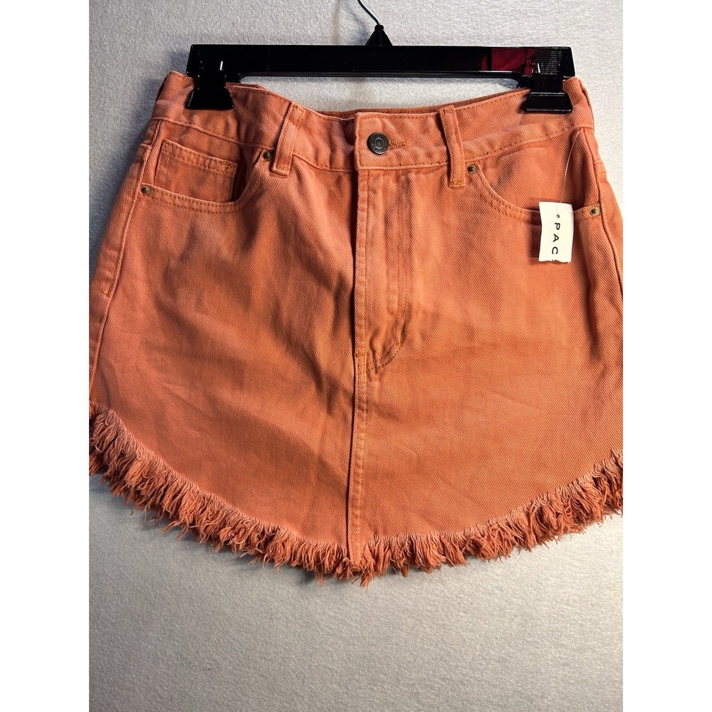 PacSun Women's Orange Denim Mini‎ Skirt 26 Fringe Hem Button Closure Pockets